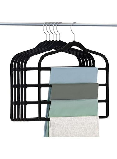 Dailychic 6 Pack Pant Clothes Hanger, Non-Slip Pants Rack Hanger,360 Swivel Hook,Multifunctional 4 Layer Hangers Closet Organizer for Jeans Trousers Scarf - Black