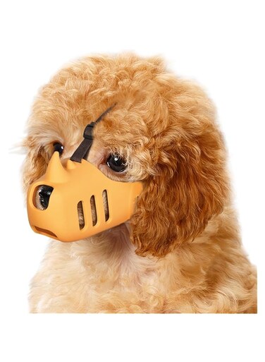 Dog Muzzle, Breathable Silicone Cage Mouth Cover to Prevent Biting and Chewing, Dog Soft Muzzle for Small Medium Dogs Poodle Dachshund, Funny Rhino Muzzle with Adjustable Head Strap, Yellow, S
