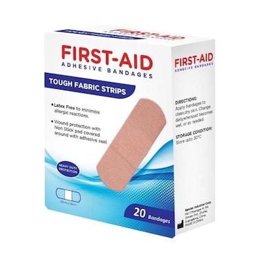 First Aid Adhesive Bandages Tough Fabric Strips, 20 Bandages