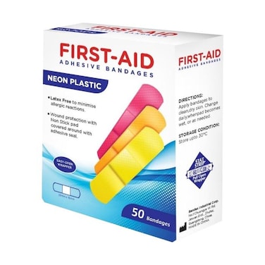 First Aid Adhesive Bandages Neon Plastic, 50 Bandages