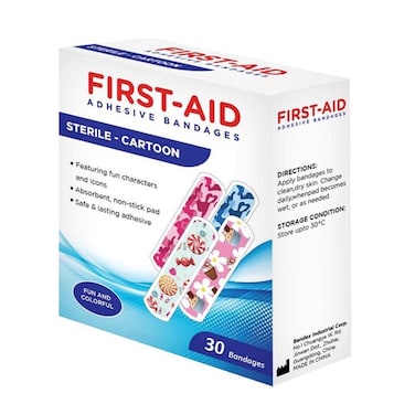 First Aid Adhesive Bandages Sterile Cartoon, 30 Bandages