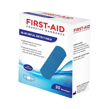 First Aid Adhesive Bandages Blue Metal Detectable, 30 Bandages