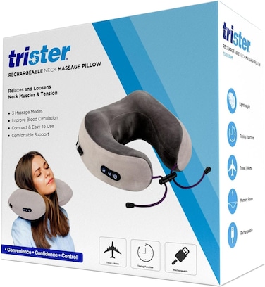 Trister Rechargeable Neck Massage Pillow (TS‑593NM) 3 Modes (Kneading, Vibration, Combined), 2000mAh Battery, 10‑Min Auto‑Shutoff, Usb‑C Input, Includes Carry Bag &amp; Ear Plugs
