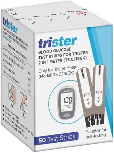 Trister 2‑in‑1 Blood Glucose Test Strips 50&rsquo;s TS‑021BGS - For Trister TS‑021BGK Meter, Glucose Dehydrogenase Enzyme, Fast Results, Self‑Testing Pack