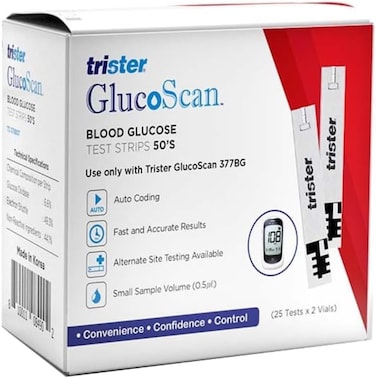 Trister Glucoscan Blood Glucose Test 50 Strips TS‑378BGT - Auto-Coding, Alternate Site Testing, Small Sample 0.6 &micro;L, Compatible With Trister Glucoscan Meter