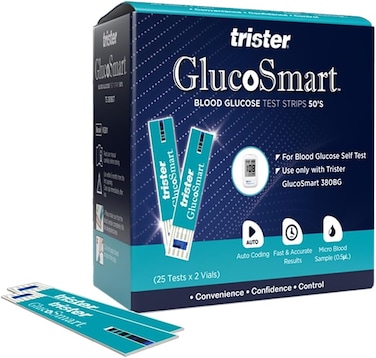 Trister Gluco Smart Blood Glucose Test Strips 50&rsquo;s - Gold Electrode, Auto‑Coding With Alternate Site Testing, Fast &amp; Accurate Self‑Test (Use With Trister Gluco Smart 380BG)