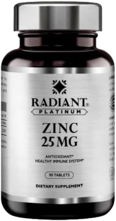 Radiant Platinum Zinc 25 Mg, For Healthy Immune Function, Antioxidant Support, Maintains Healthy Hair, Skin &amp; Nails, Vegan, Sugar free, 90 Tablets