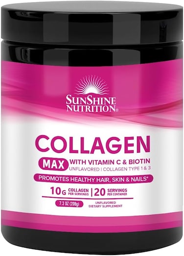 Sunshine Nutrition Collagen Max Powder With Vitamin C &amp; Biotin Supports Radiant &amp; Youthful Skin 7.3Oz (208 Grams)