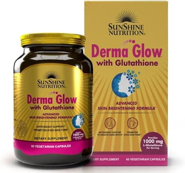 Sunshine Nutrition Derma Glow With Glutathione, 1000 Mg L-Glutathione Per Serving, 60 Vegetarian Capsules, Advanced Skin Brightening Formula, Antioxidant Support, Promotes Even Skin Tone