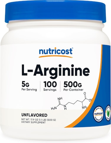 Nutricost L-Arginine Powder 500 Grams (1.1lbs), Pure L-Arginine Powder, 5000mg Per Serving; 100 Servings