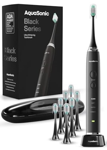 Aquasonic Black Series Ultra Whitening Toothbrush - ADA Accepted Power Toothbrush - 8 Brush Heads &amp; Travel Case - 40,000 VPM Electric Motor &amp; Wireless Charging - 4 Modes W Smart Timer