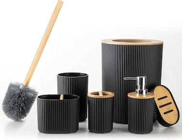 Bathroom Accessories Set 6 Pieces Bath Ensemble Includes Toothbrush Holder, Soap Dispenser, Toothbrush Cup, Soap Dish for Decorative Countertop and Housewarming Gift, Black