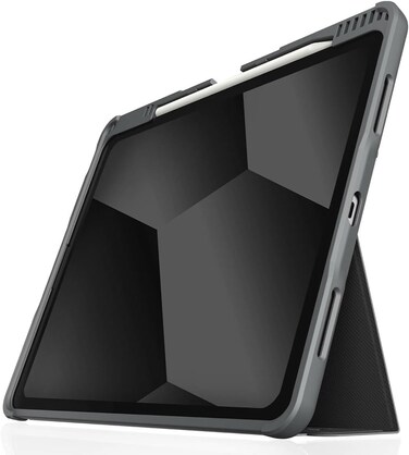 STM Dux Plus Rugged Case For iPad Air 13" M2 2024, Miltary Drop Protection Folio Stand With Apple Pencil Storage, Anti-Slip, Kids Friendly, Clear Transparent Back, Auto Sleep/Wake, Black