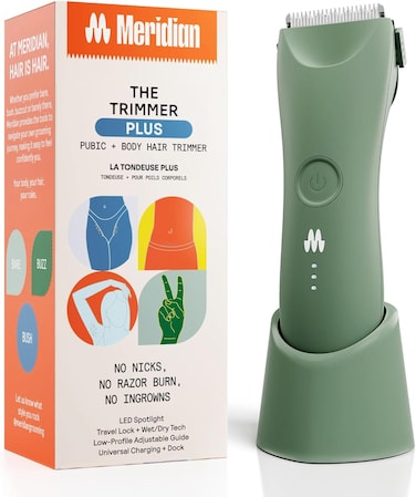 Meridian The Trimmer Plus, Body Hair Trimmer &amp; Waterproof Electric Shaver for Men and Women for Pubic Hair, Chest, Legs &amp; Bikini Line, UBS-C Cable &amp; Charging Dock Included, Sage