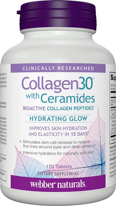 Webber Naturals Collagen30 With Ceramides, Bioactive Collagen Peptides, 120 Tablets, Hydrating Glow, Helps Improve Skin Hydration, Elasticity &amp; Smoothness, Non Gmo, Dairy &amp; Gluten Free