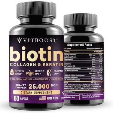 Vitboost Biotin With Hyaluronic Acid, Collagen And Keratin - 25000 Mcg Hair Growth Vitamins For Men And Women - Nails And Skin, Usa Made, B1, B2, B3, B6, B7 Complex - 60 Capsules