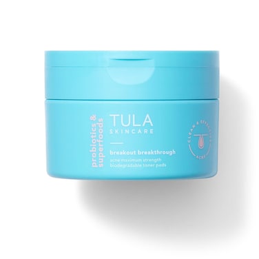 TULA Skin Care Breakout Breakthrough - Acne Maximum Strength Biodegradable Toner Pads, Non-Alcohol, Acne &amp; Blemish Fighting, Soothes &amp; Brightens Marks, 30 Pads