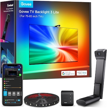 Govee TV Backlight 3 Lite with Fish-eye Correction Function Sync to 75-85 Inch TVs, RGBICW Wi-Fi TV LED Backlight with Camera, 4 colours in 1 Lamp Bead, Voice and APP Control, Adapter