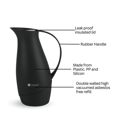 Danish Design Vacuum Jug - 1L Premium Double-Walled Glass Liner, BPA-Free, Insulated Rubber Handle, Leakproof Lid, Ergonomic, Sleek Design, Keeps Hot for 12 Hours &amp; Cold for 24 Hours (Charcoal Black)
