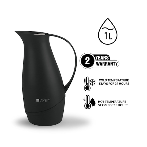 Danish Design Vacuum Jug - 1L Premium Double-Walled Glass Liner, BPA-Free, Insulated Rubber Handle, Leakproof Lid, Ergonomic, Sleek Design, Keeps Hot for 12 Hours &amp; Cold for 24 Hours (Charcoal Black)
