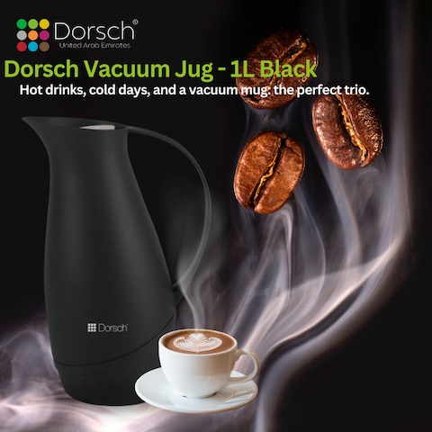 Danish Design Vacuum Jug - 1L Premium Double-Walled Glass Liner, BPA-Free, Insulated Rubber Handle, Leakproof Lid, Ergonomic, Sleek Design, Keeps Hot for 12 Hours &amp; Cold for 24 Hours (Charcoal Black)
