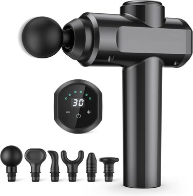 Massage Gun, Deep Tissue Massager, 30 Speeds Handheld Muscle Massage Gun, Portable Percussion Massager with 6 Heads, Powerful Muscle Gun Rechargeable Cordless for Home Office Gym (Black)