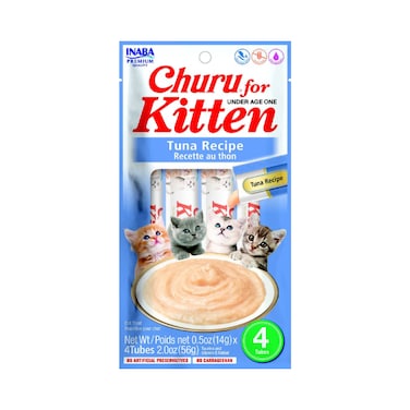 Inaba Churu Tuna Recipe for Kitten Cat Treat, Grain-Free Lickable Cat Treat/Topper with Vitamin E &amp; Taurine 4PCS/PK - 56g