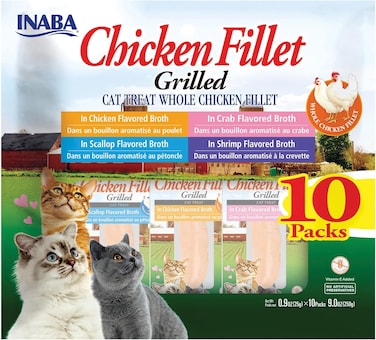 INABA Grilled Chicken Fillet Cat Treats with Vitamin E and Green Tea Extract - Bag of 10