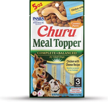Inaba Churu Meal Topper For Dogs, Complete &amp; Balanced, Creamy, Lickable Pur&eacute;e Dog Food Toppers, 1.69 Ounce Tube, 3 Tubes (3 Per Pack), Chicken With Cheese Recipe