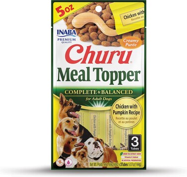Inaba Churu Meal Topper For Dogs, Complete &amp; Balanced, Creamy, Lickable Pur&eacute;e Dog Food Toppers, 1.69 Ounce Tube, 3 Tubes (3 Per Pack), Chicken With Pumpackin Recipe