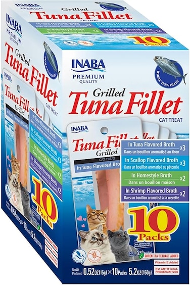 INABA Premium Grilled Tuna Fillet Cat Treats with Vitamin E and Green Tea Extract - Box of 10