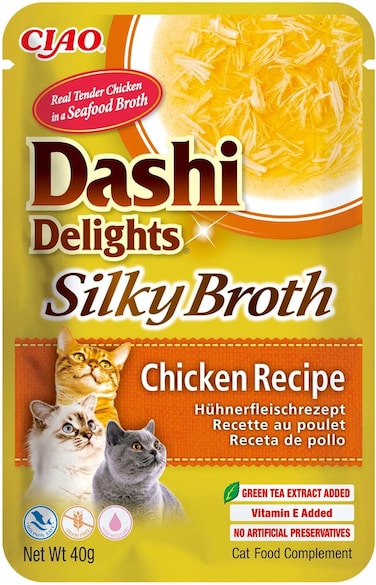 اي ان بي ايه طبق جانبي من مرق الدجاج الحريري الخالي من الحبوب / مكمل/ زينة / حلوى للقطط مع فيتامين E، 1.76 اونصة لكل كيس، وصفة دجاج