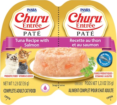 INABA Churu Entr&eacute;e Pate for Cats, Grain-Free, High Protein, Prebiotic Complete &amp; Balanced Wet Cat Food - Tuna with Salmon Recipe