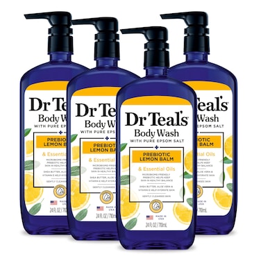 Dr Teal'sBody Wash with Pure Epsom Salt, with Prebiotic Lemon Balm &amp; Sage, 24 fl oz (Pack of 4) (Packaging May Vary)