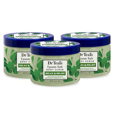 Dr Teal's Pure Epsom Salt Body Scrub, Relax &amp; Relief with Eucalyptus &amp; Spearmint Essential Oils, 16 oz (Pack of 3) (Packaging May Vary)