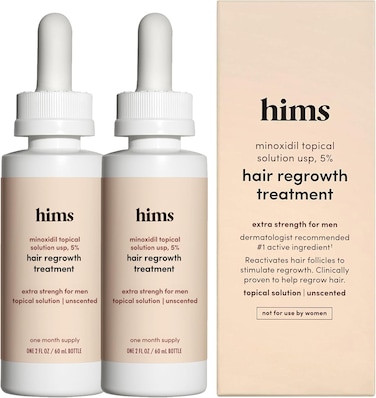 Hims &amp; Hers Hair Regrowth Treatment - Topical Minoxidil 5% Solution For Men - Extra Strength - Supports Thicker, Fuller Hair - Non-Greasy - Unscented, 2 Pack
