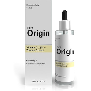Pure Origin Vitamin C 15% + Tomato Extract Serum - For Brightning Skin - Reduces Dark Spots - Protects Against Environmental Damaged Skin - Eco-Friendly - Clinically Validated Serum - 30ml