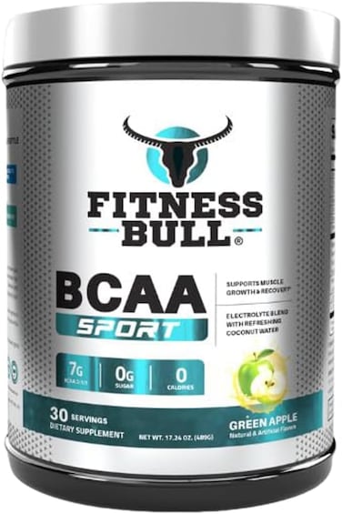 Fitness Bull BCAA Sport, Post Workout Recovery Regime, Supports Muscle Growth &amp; Recovery, Electrolyte Blend With Refreshing Coconut Water, 0 Calories, Green Apple, 489Gms