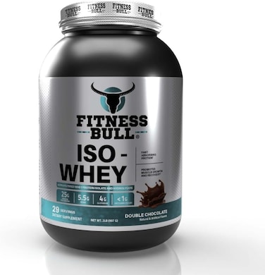 Fitness Bull ISO Whey Protein Powder, 25 Grams Protein, 5.5 Grams BCAA, Maximum Muscle Support &amp; Recovery, Zero Added Sugar, Double Chocolate Flavour, 2Lb (29 Servings)