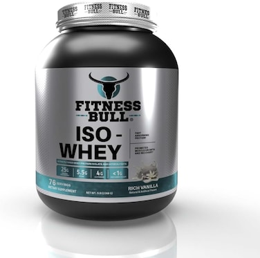 Fitness Bull ISO Whey Protein Powder, 25 Grams Protein, 5.5 Grams BCAA, Maximum Muscle Support &amp; Recovery, Zero Added Sugar, Rich Vanilla Flavour, 5Lb (76 Servings)