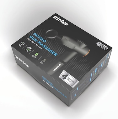 Trister Physio Gun Massager TS‑560GM - Deep Tissue Percussion Therapy, 3 Intensity Levels, 4 Interchangeable Heads, Rechargeable Battery