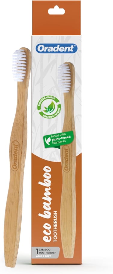 Oradent Eco Adult Bamboo Toothbrush Soft White 1's, Gentle on Gums And Enamel, Biodegradable Bamboo Handle, Made With Plant-Based Filaments, BPA Free