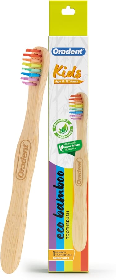 Oradent Eco Kids Toothbrush Super Soft White 1's, Age 6-12 Years, Biodegradable Bamboo Handle, Made With Plant-Based Filaments, Gentle on Gums And Enamel, BPA Free