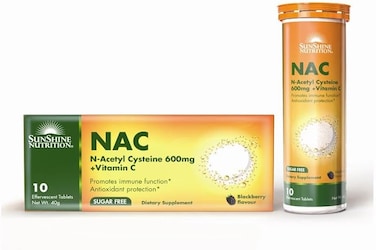 Sunshine Nutrition Nac (N-Acetyl Cysteine) 600Mg With Vitamin C, To Promote Immunity Function &amp; Antioxident Protection, Sugar Free, Blackberry Flavour, 10 Effervescent Tablets
