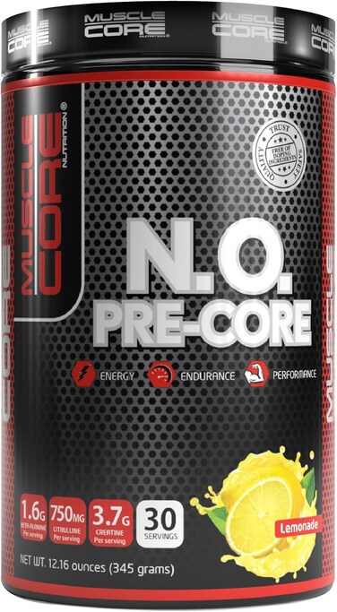 ماسل كور نيوتريشن قبل النواة 345 جرام / أداء عالي قبل التمرين / نكهة عصير الليمون / 30 حصة / تعزيز الطاقة والتحمل والأداء 12.16 أونصة