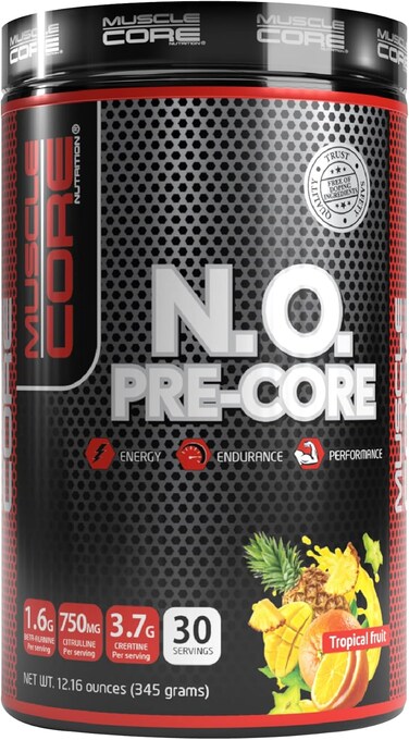 ماسل كور نيوتريشن قبل النواة 345 جرام / أداء عالي قبل التمرين / نكهة الفاكهة الاستوائية / 30 حصة / تعزيز الطاقة والتحمل والأداء 12.16 أونصة