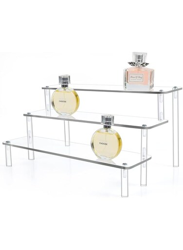 Acrylic Display Risers, Clear Shelf 3-Tier Cupcake Display Stand for Perfumes Organizer Food Desserts Stand Funko POP Collections Dolls Display, Acrylic Display Stand for Organizer and Decoration