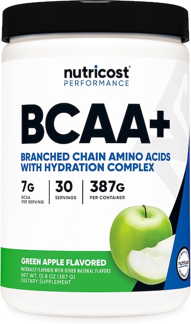 مسحوق نوتريكوست BCAA + ترطيب (تفاح أخضر) 30 حصة، أحماض أمينية متفرعة السلسلة مع مركب ترطيب، خالٍ من الغلوتين، غير معدل وراثيًا