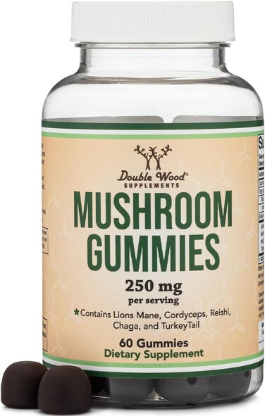 Double Wood Supplements Mushroom Gummies Supplement 60 Count, 2,500mg Equivalent from 250mg Lions Mane, Cordyceps, Reishi, Chaga, and Turkey Tail 10:1 Extracts Per Serving (for Immune Support)