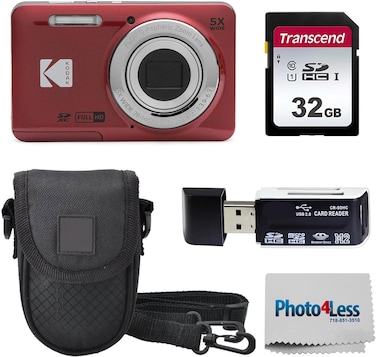 KODAK PIXPRO FZ55 16MP Digital Point &amp; Shoot Camera, 5X Optical Zoom, 28mm Wide Angle, 1080P Full HD Video, Bundle With 32GB SD Card, Protective Case, And Hi-Speed Card Reader (Red)